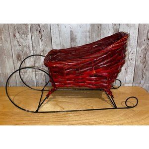 Christmas 12" Sleigh Cranberry Red Woven Wicker Metal Rails